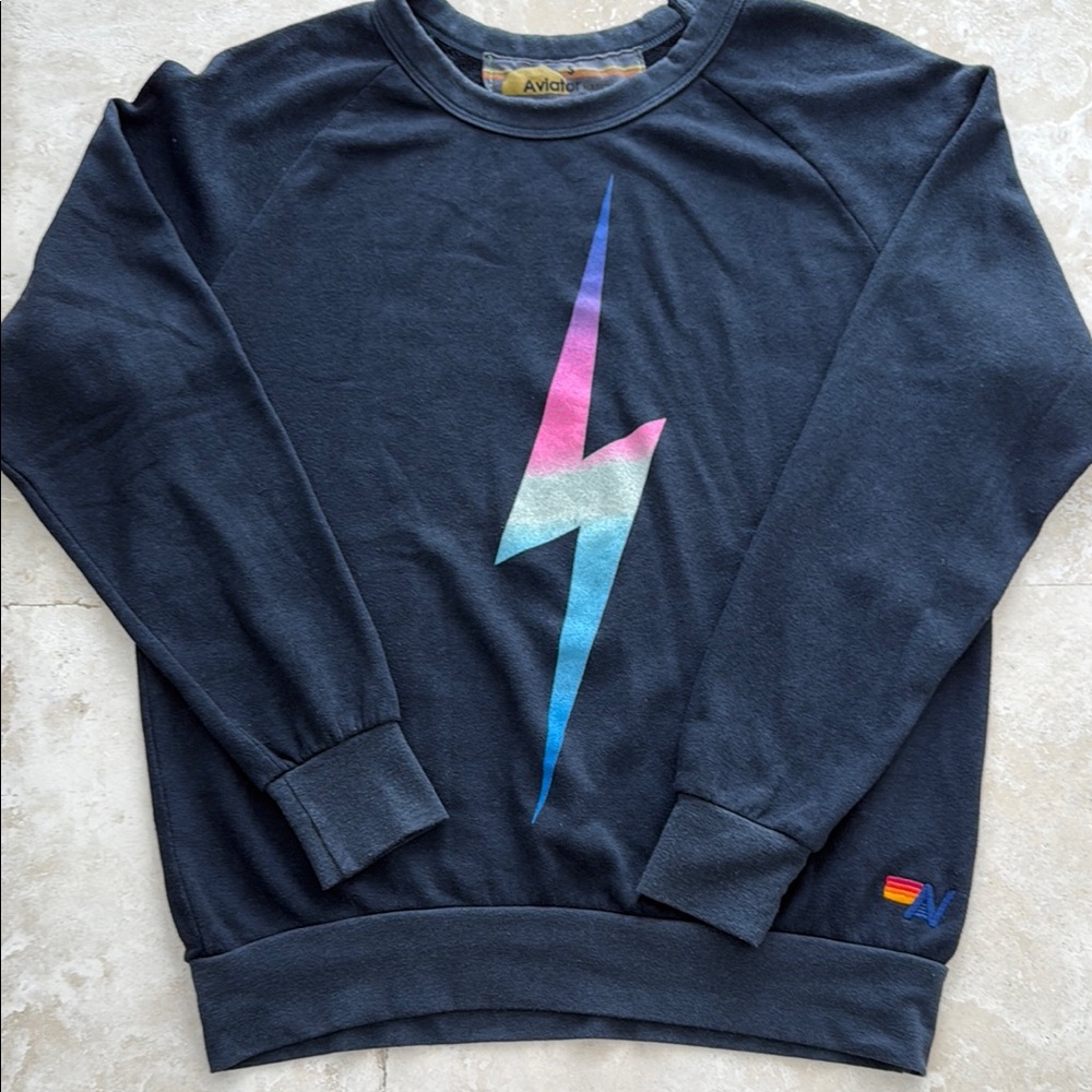 Aviator Nation Black Sweater with Multicolor Lightning Bolt